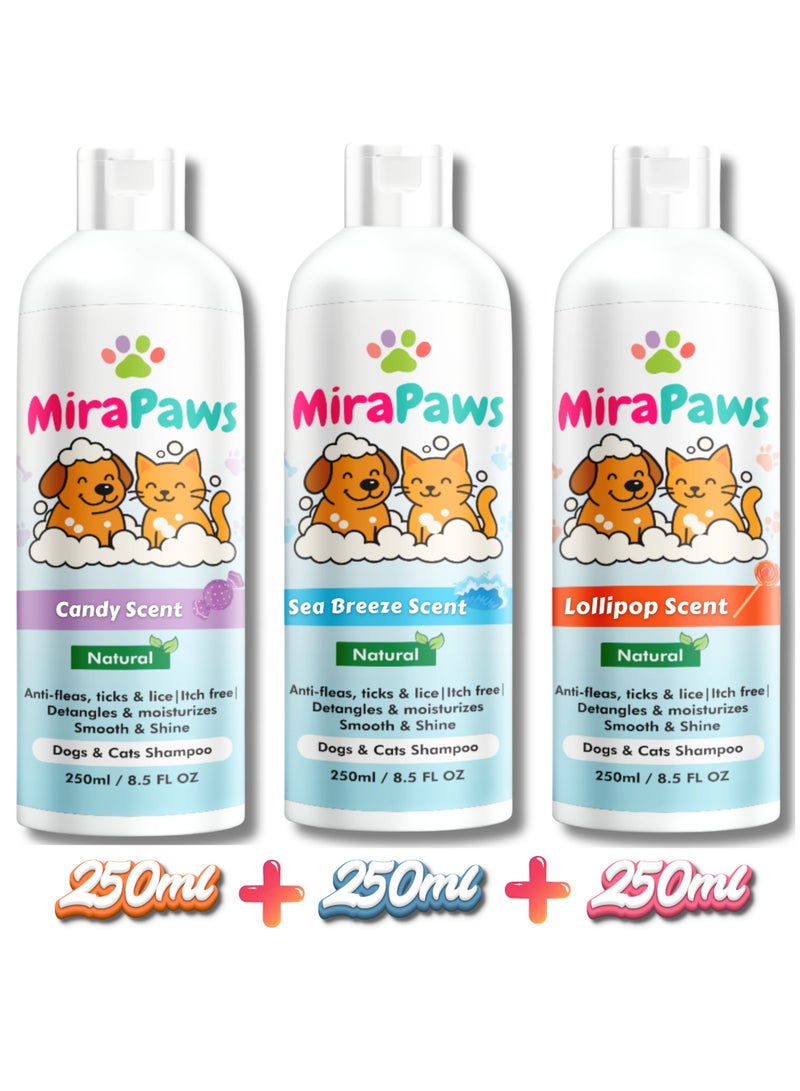 MiraPaws Pets Shampoo - Candy Scent 250ml + Sea Breeze Sent 250ml + Lollipop Sent 250ml (Pack of 3) - Image 1